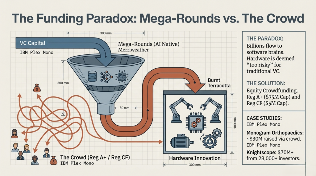 Infographic titled The Funding Paradox showing billions in VC capital flowing to AI software while hardware innovation relies on equity crowdfunding like Reg A+ and Reg CF, featuring case studies from Knightscope and Monogram Orthopaedics